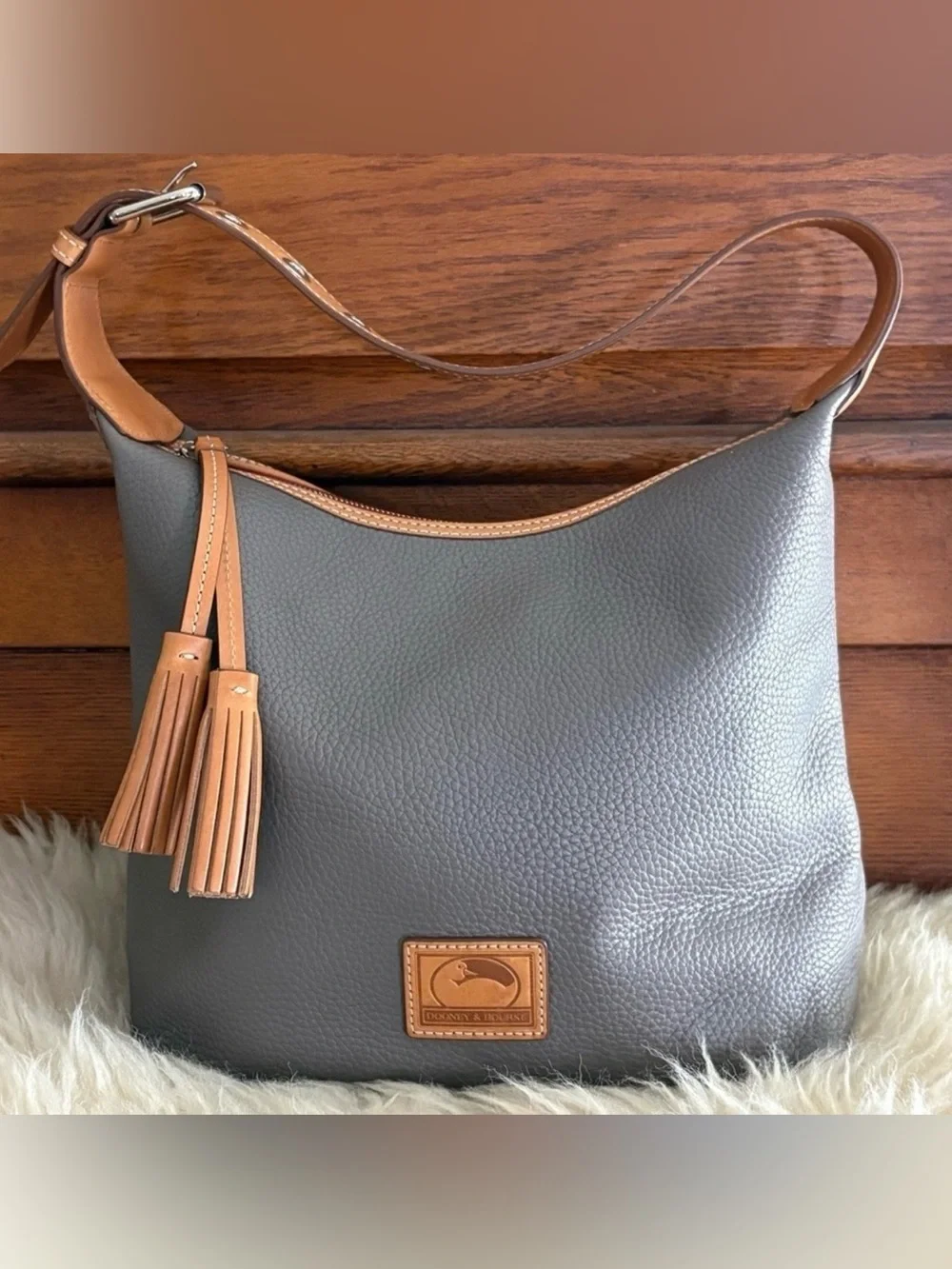 Dooney & Bourke Patterson Paige Gray and Tan Leather Hobo Satchel